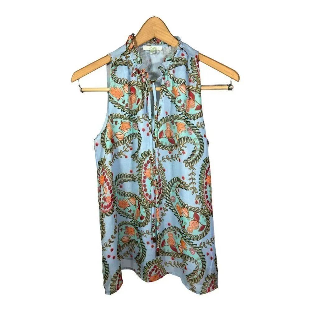 JADE MELODY TAM Women’s Floral Print Sleeveless Ruffle Neck Blouse Blue Small